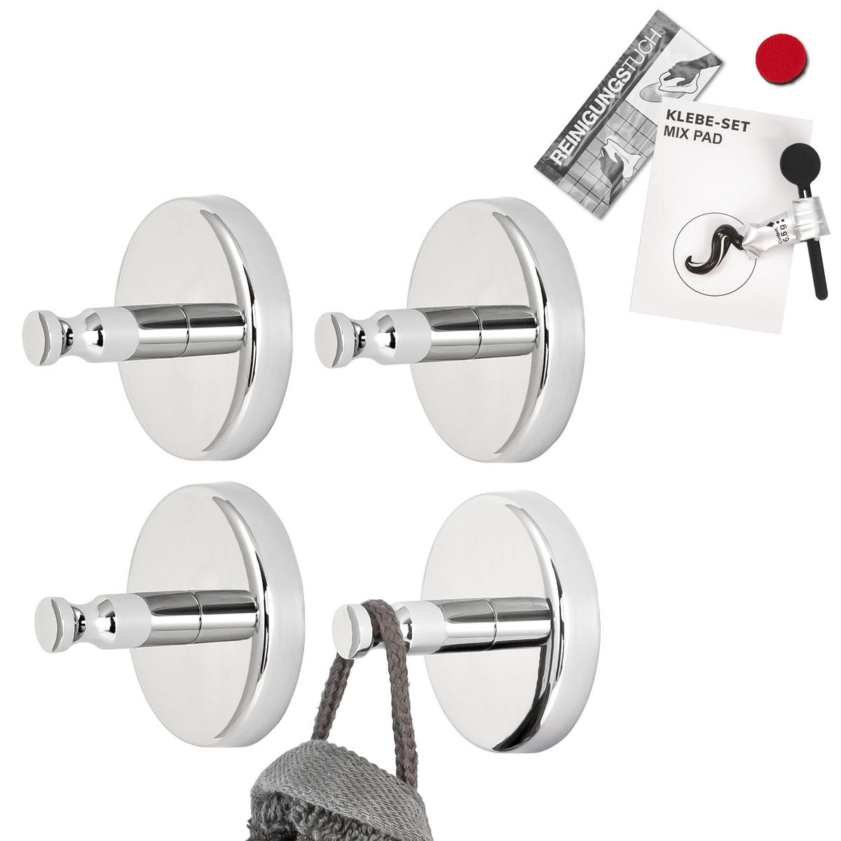 HANDTUCHHAKEN LUCENTE 4er Set, Edelstahl verchromt, inkl. Klebeset - Chromfarben, Metall (6/4.5/6cm) - bremermann