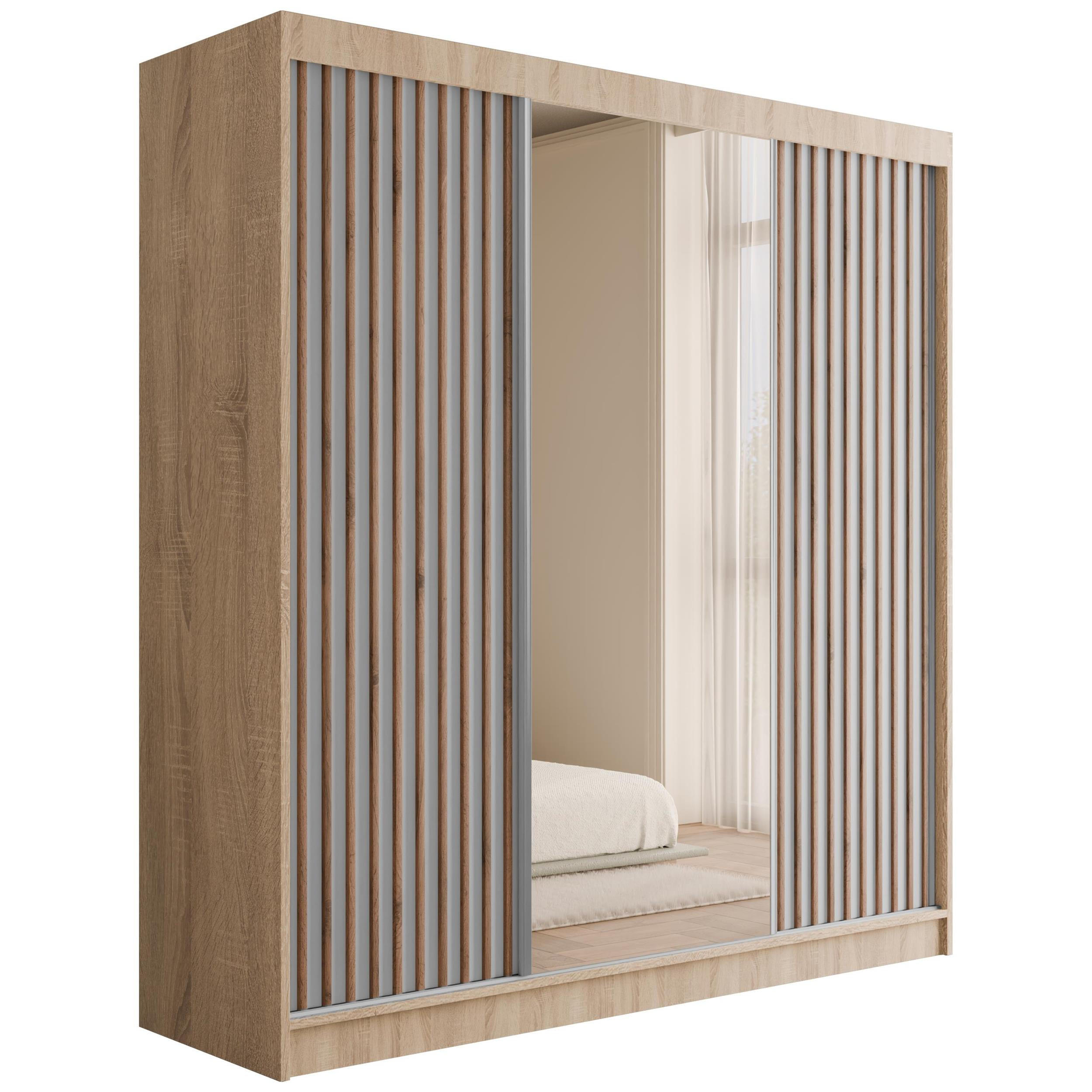 KLEIDERSCHRANK mit Spiegel V2-ZENTI 215x200 cm Sonoma Eiche|Weiß - Weiß/Sonoma Eiche, Holzwerkstoff (200/215/61cm) - ALTDECOR