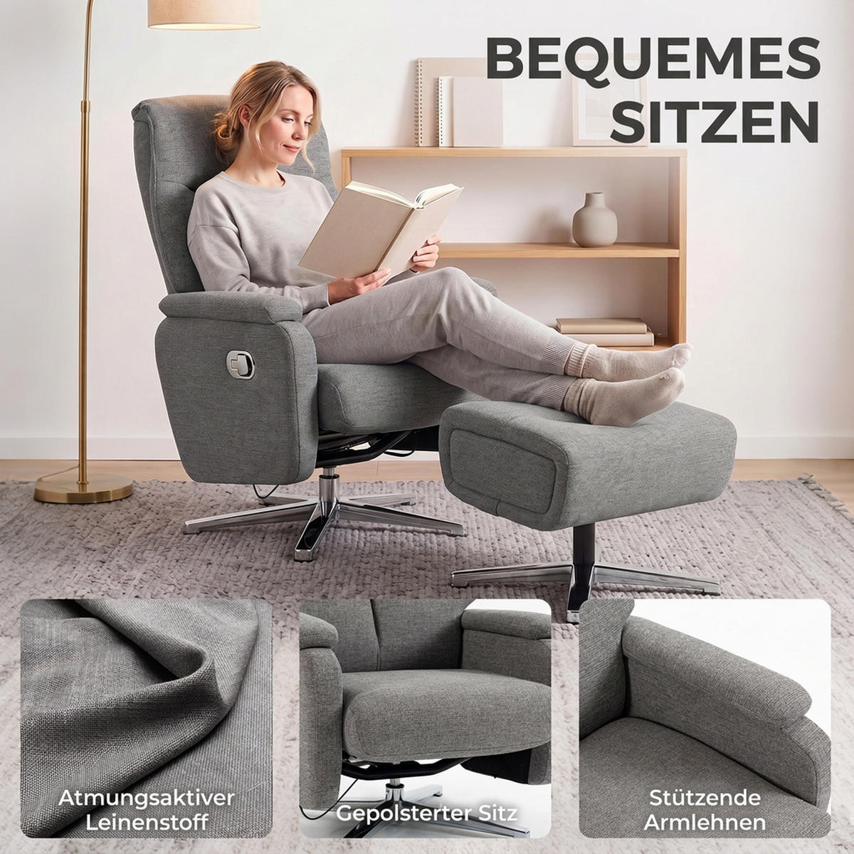 RELAXSESSEL-MIT-HOCKER 2er Set Leinenoptik Dunkelgrau - Dunkelgrau/Silberfarben, Holzwerkstoff/Textil (80/102/85.5cm) - HOMCOM