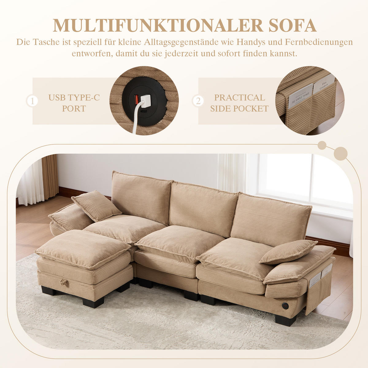 ECKSOFA 260/132/84 cm Khaki Cord mit 1 Fußhocker, USB-C-Anschluss und Seitentaschen - Sandfarben/Graubraun, Textil (260/132cm) - Oxeza