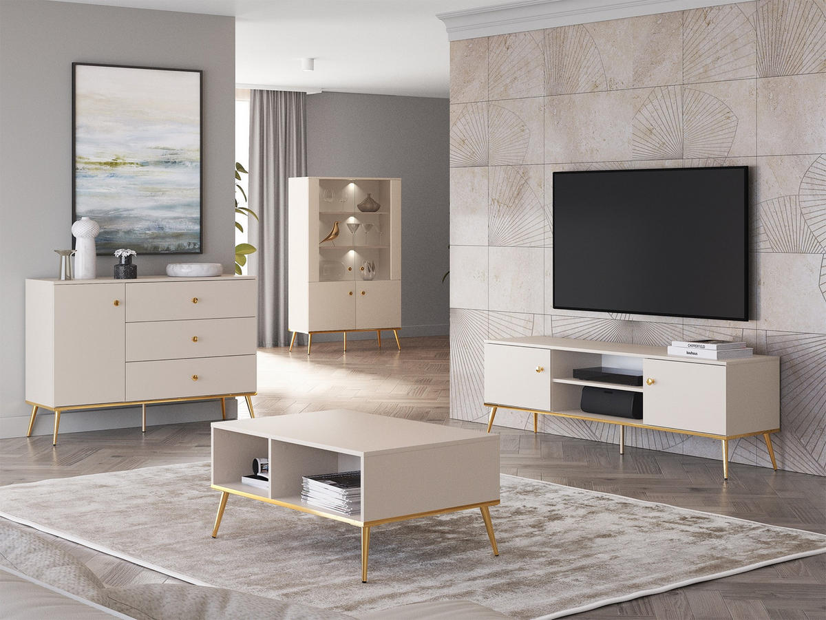 VITRINE Selgin Greige 92 cm - Taupe/Goldfarben, Holzwerkstoff/Metall (91.6/152/39.7cm) - Selsey