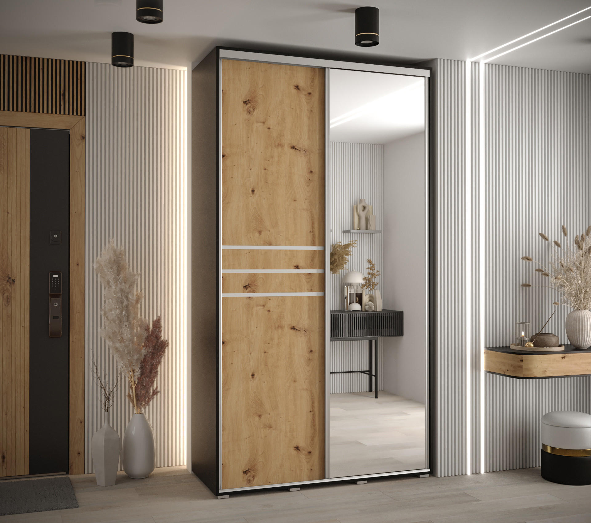 SCHWEBETÜRENSCHRANK 235,2/140/60 2-türig - Silberfarben/Schwarz, Holz/Metall (140/235/60cm) - Abiks Möbel