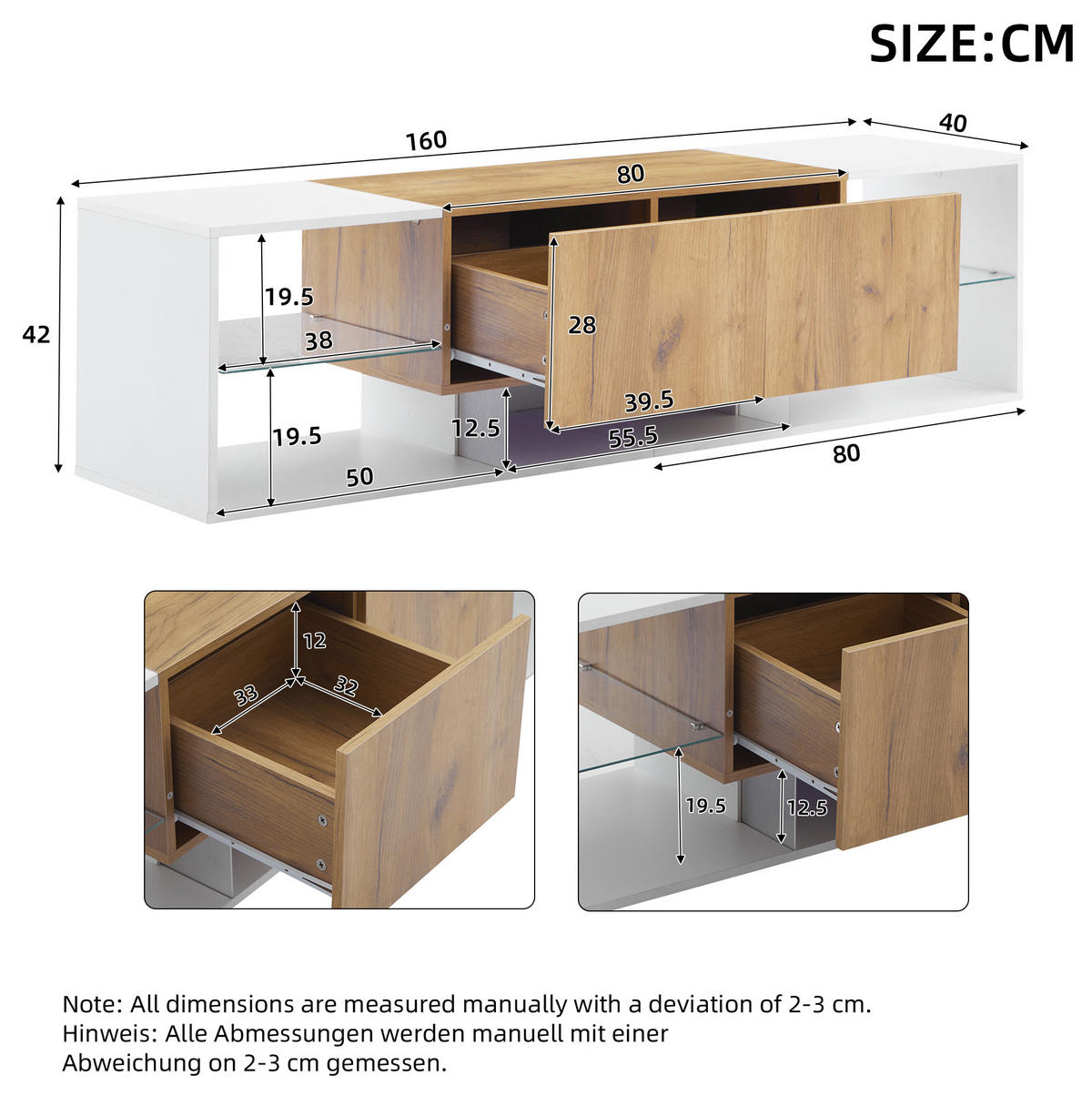 LOWBOARD 160/40/42 cm aus Holzwerkstoff mit LED-Beleuchtung und 2 Schubladen Weiß/Eichefarben - Hellbraun, Holzwerkstoff (160/42/40cm) - Modenvie