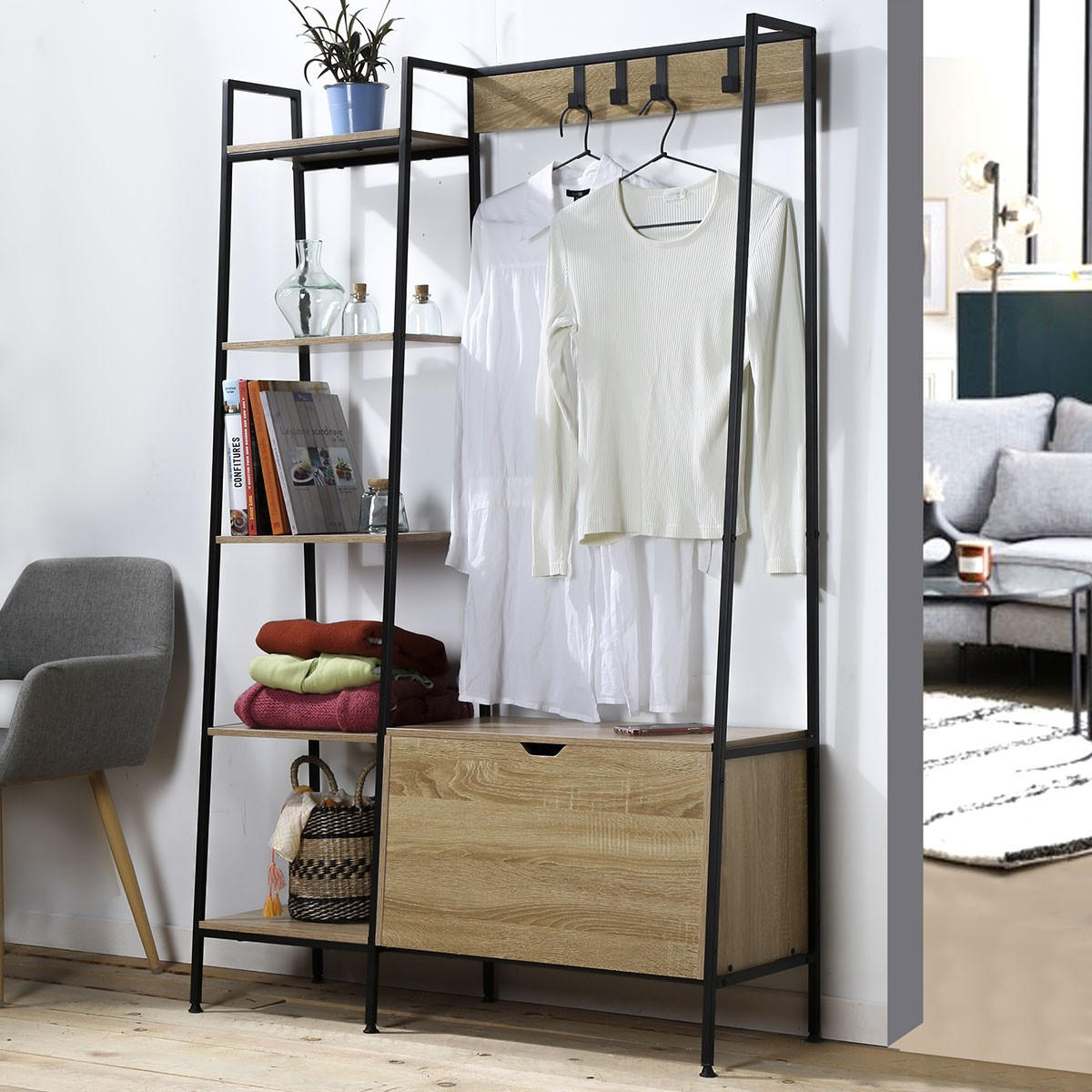 GARDEROBENSTÄNDER mit 5 Regalen, Schuhkasten und Kleiderhaken - Eichefarben, Holzwerkstoff (35/160/105cm) - Calicosy