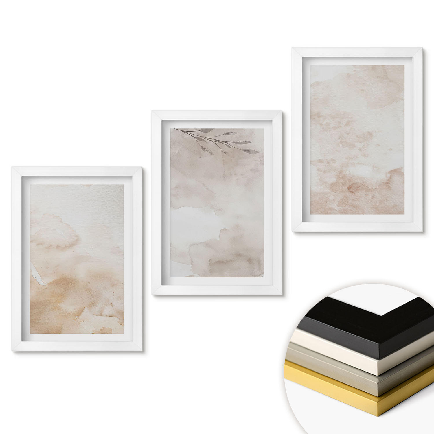 WANDBILDER 3er-Set - 20x30 cm Weißer Rahmen - Aquarell-Pastellblätter - Weiß, Kunststoff (20/30cm) - ArtPrintCave