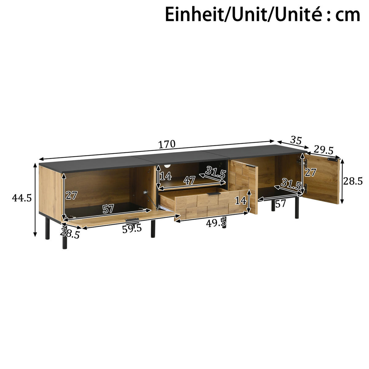 TV-LOWBOARD mit Mosaikfront 170 x 35 x 44,5 cm Holzoptik Natur/Schwarz - Braun, Holzwerkstoff (35/44.5/170cm) - Beauniv