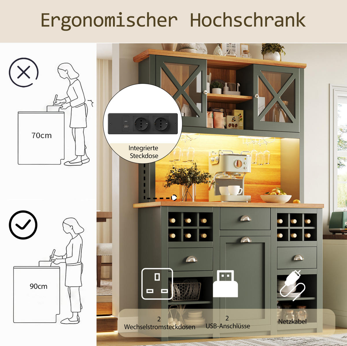 BUFFET 120/45/188 cm aus MDF und Glas mit LED-Beleuchtung & Steckdosen Antikgrün - Dunkelgrün, Holzwerkstoff (120/188/45cm) - Modenvie