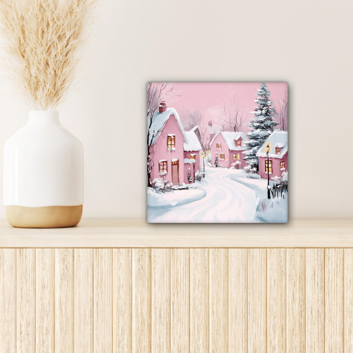 LEINWANDBILD Weihnachtsdorf - Rosa - Winter - Schnee - Häuser 20x20 cm - Altrosa, Textil (20/20cm) - MuchoWow