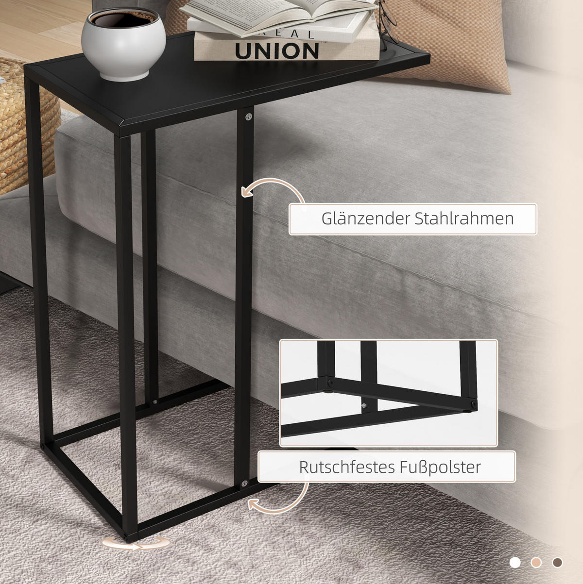SOFA-BEISTELLTISCH 46/26/60 cm in C-Form, schwarz, aus Stahl - Schwarz, Metall (26/46/60cm) - BEAOK