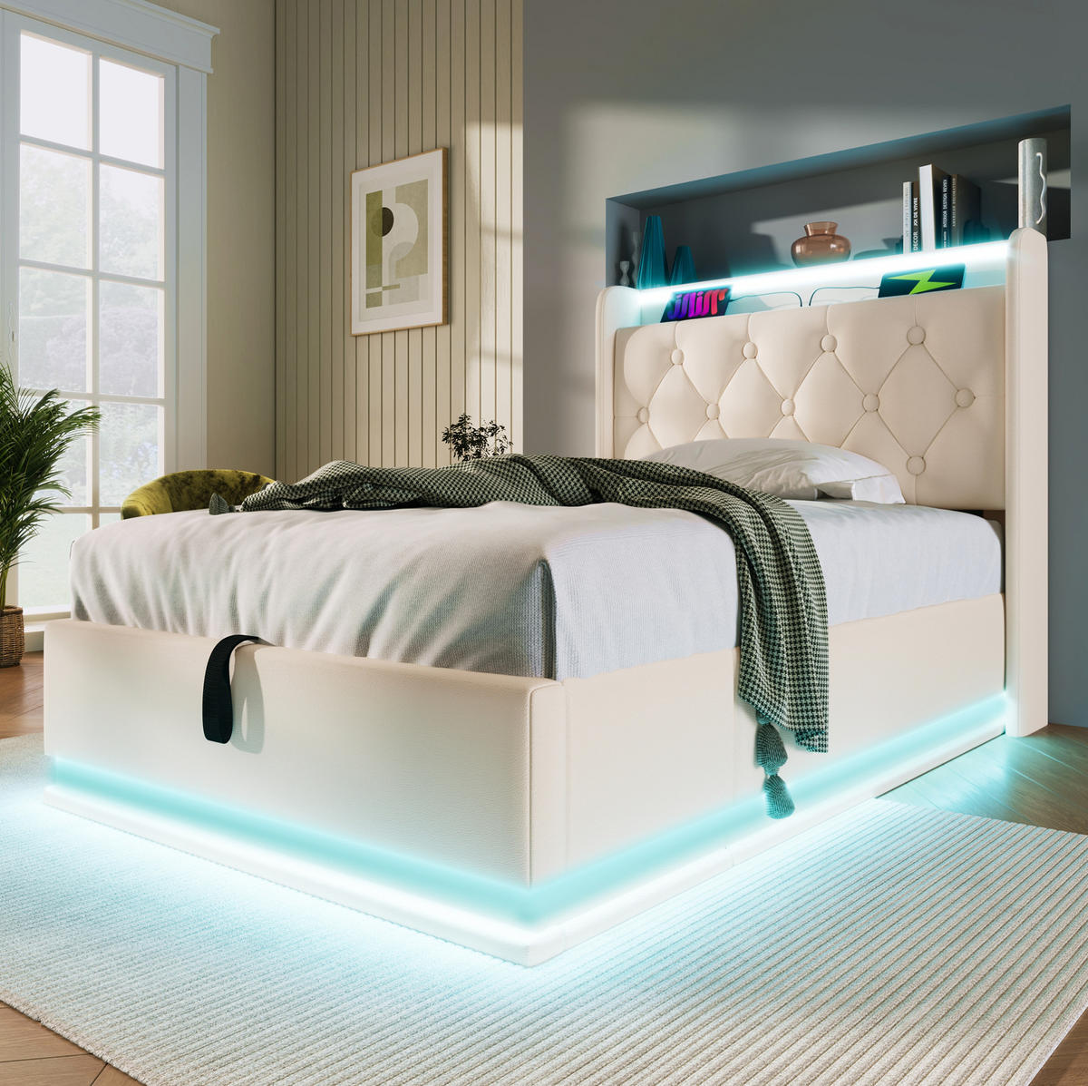 ČALÚNENÁ posteľ 90/200 cm biela s LED osvetlením USB a úložným priestorom z PU - biela, plast (90/200cm) - OKWISH