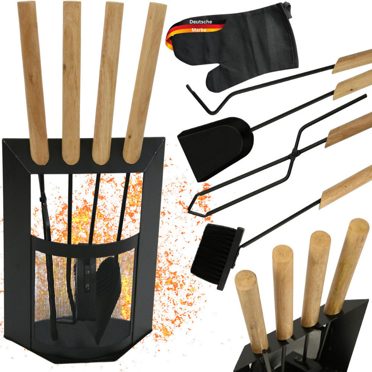 KAMINBESTECK modern THEO 6-tlg. mit Holzgriff Schürhaken Besen Ascheschaufel Schwarz - Schwarz, Metall (29/61/20cm) - DELUKE