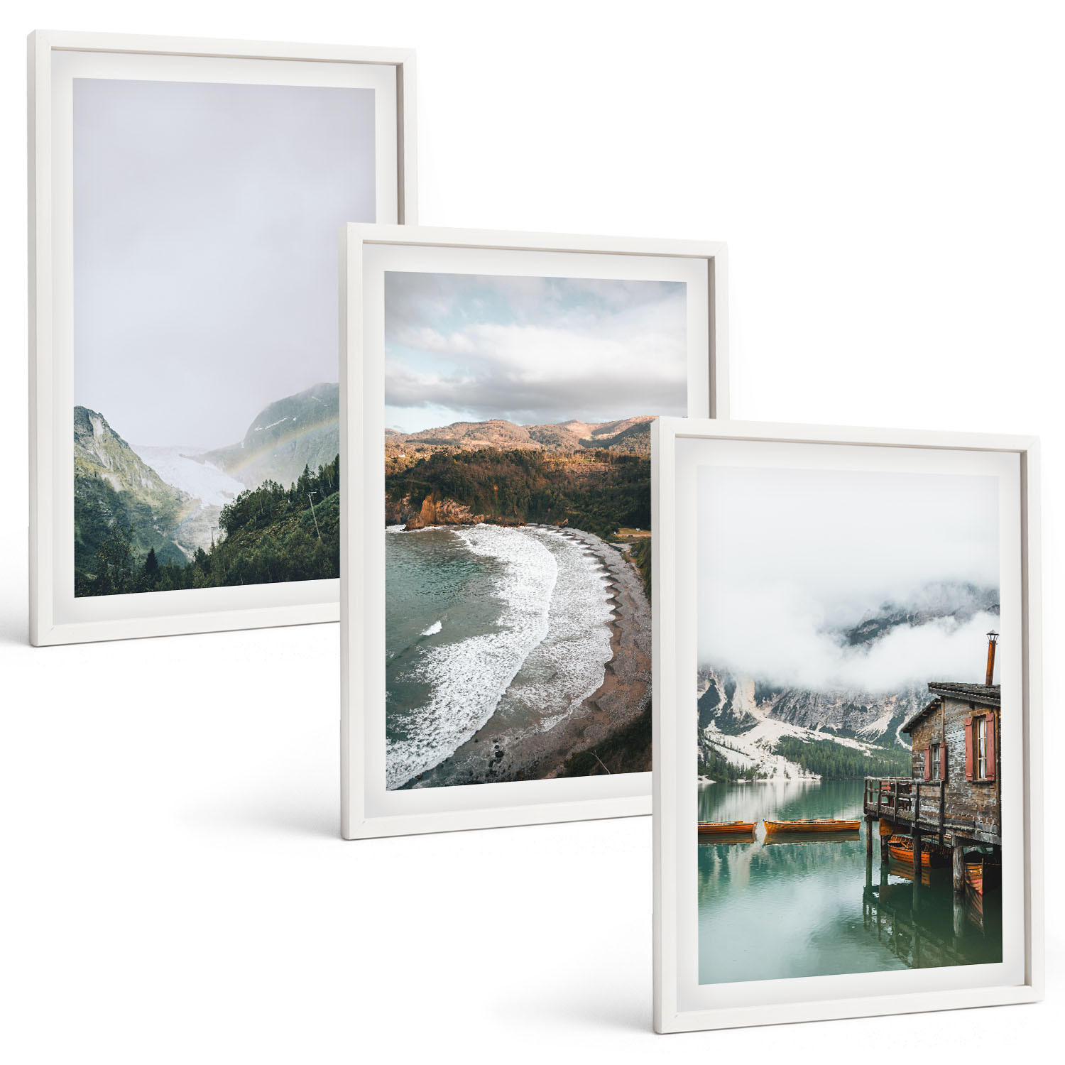BILDER SET 3er Set - 40x60 cm Weißer Rahmen - Berge, Strand, Wolken, Wasser - Weiß, Kunststoff (40/60cm) - TULUP
