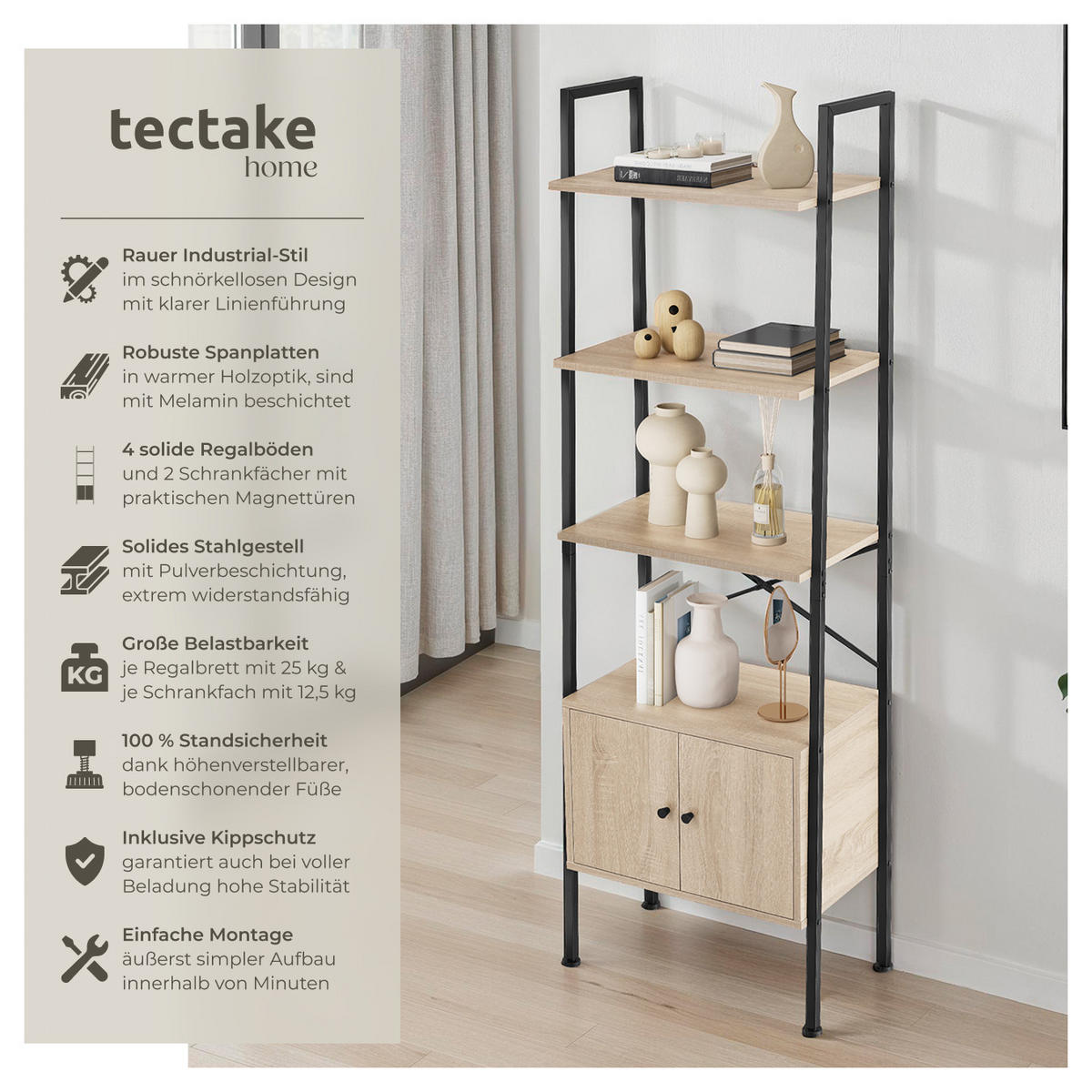 LEITERREGAL Brentwood,inklusive Kippschutz, 57,5 x 34 x 173 cm,Industrial Holz hell, Eiche Sonoma - Naturfarben, Holzwerkstoff (34/173/57.5cm) - tectake