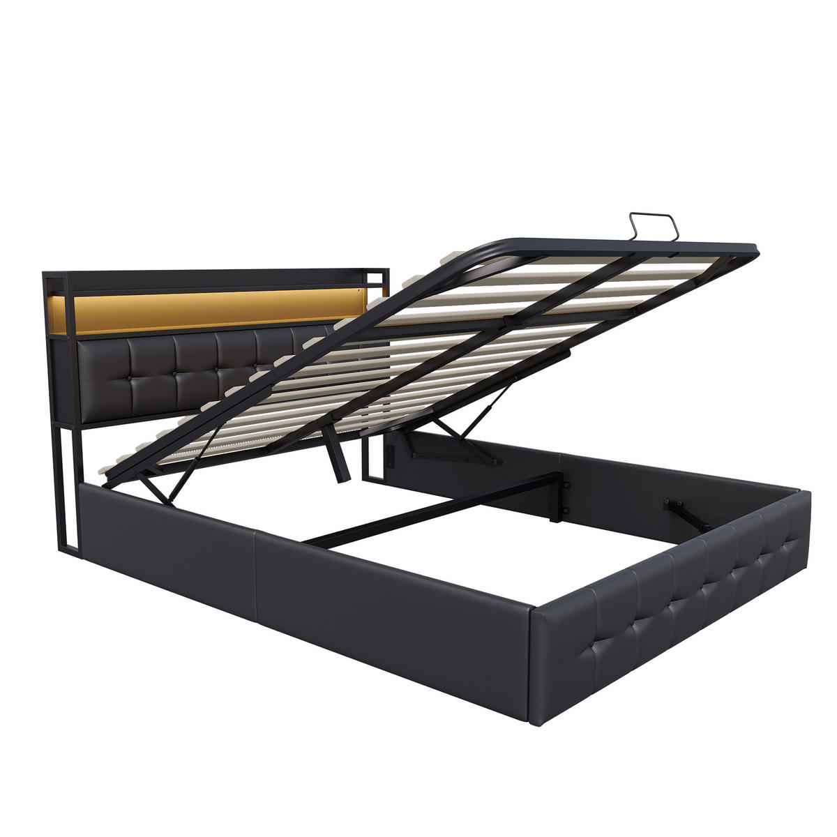 POLSTERBETT 140x190 cm, Stauraumbett mit LED, Schwarzes Kunstleder - Schwarz, Metall (140/190cm)