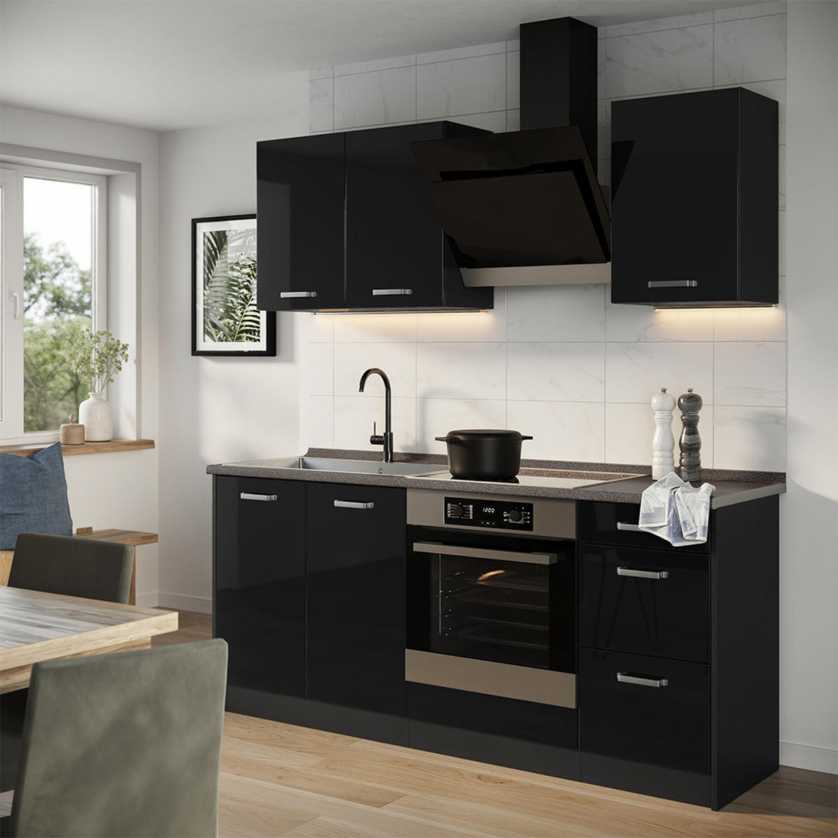 SINGLEKÜCHE R-Line, Schwarz Hochglanz/Anthrazit, 180 cm Arbeitsplatte Anthrazit - Schwarz Hochglanz/Anthrazit, Holzwerkstoff (180/206.8/60cm) - Vicco