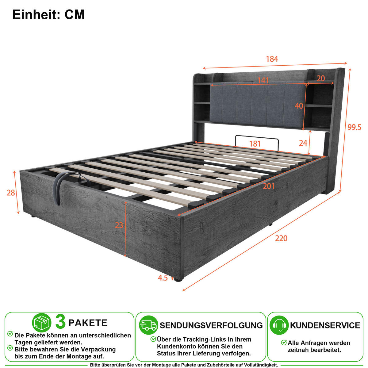 POSTEL 180/200 cm v šedé a dřevěné barvě s úložným prostorem, USB a Type-C - šedá, dřevo/kompozitní dřevo (180/200cm) - CHICFURN