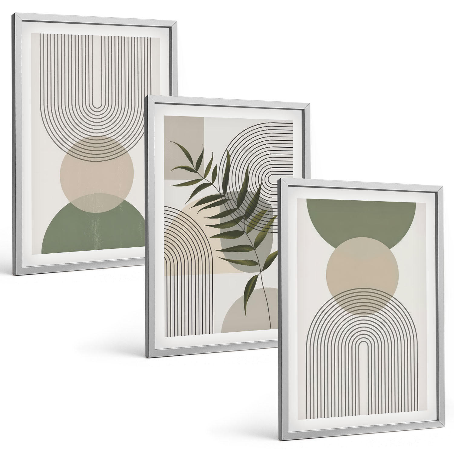 BILDER SET 3er Set - 40x60 cm Silberner Rahmen - Abstrakte Formen mit Grün - Silberfarben, Kunststoff (40/60cm) - TULUP
