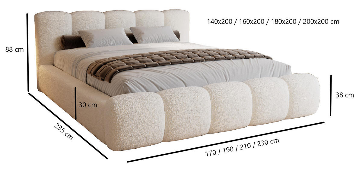 POLSTERBETT bouclé 200x200 Ravello mit Bettkasten, Lattenrost, Hellgrau - Hellgrau, Holz/Textil (200/200cm) - Emporius