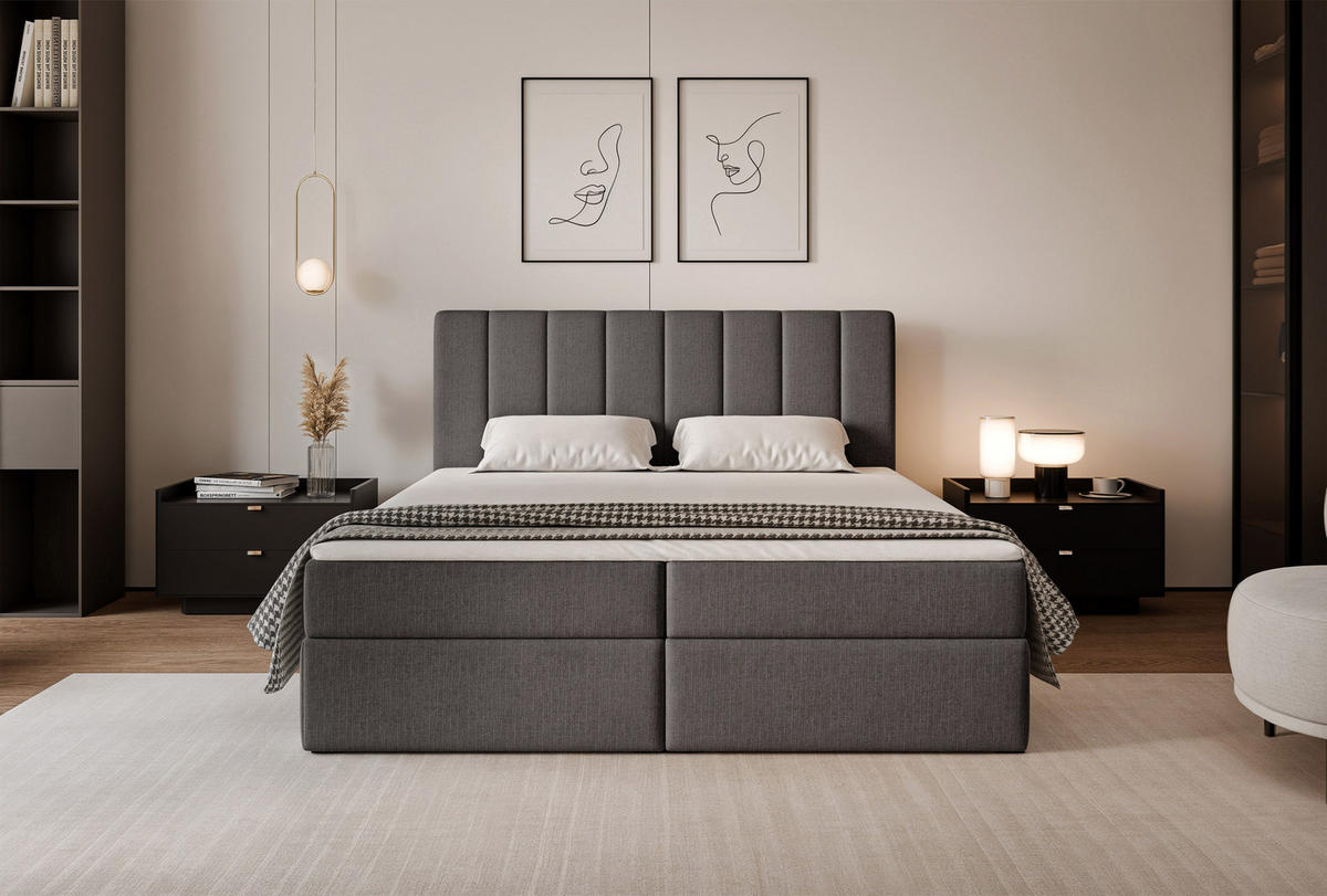 BOXBETT LEO 200/200 cm mit Matratze und Topper, Dunkelgrau - Dunkelgrau/Schwarz, Holzwerkstoff/Kunststoff (200/200cm) - Idohome