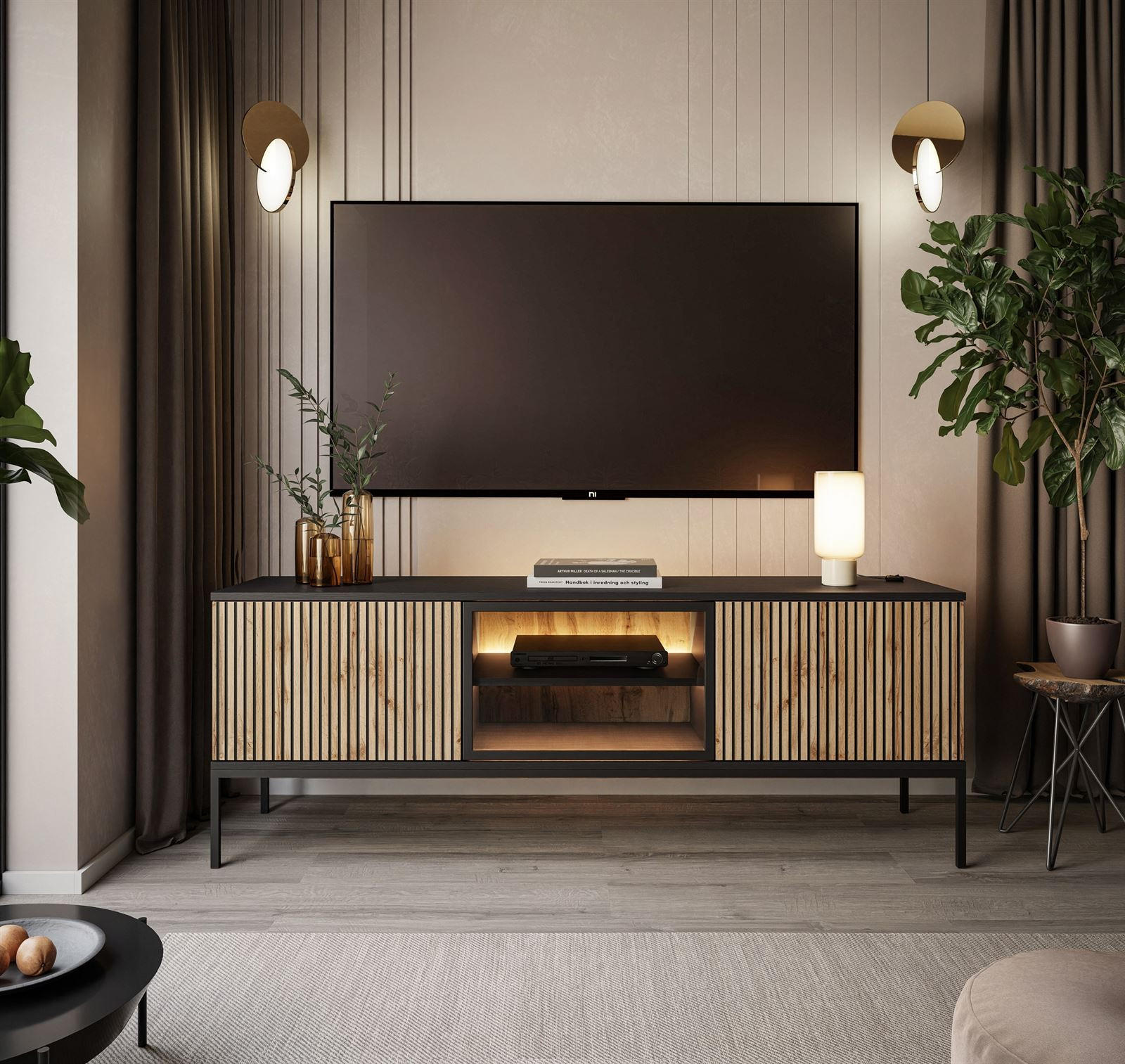 TV-ELEMENT ECLIPSE RTV154 mit Beleuchtung,Schwarz Eiche Wotan - Eiche Wotan, Holzwerkstoff (154/56/39cm) - Lookway