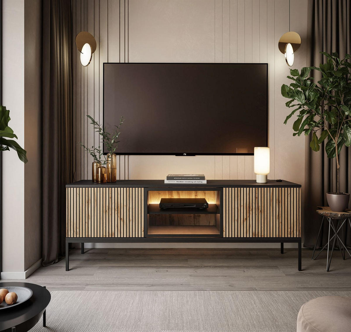 TV-ELEMENT ECLIPSE RTV154 mit Beleuchtung,Schwarz Eiche Wotan - Eiche Wotan, Holzwerkstoff (154/56/39cm) - Lookway