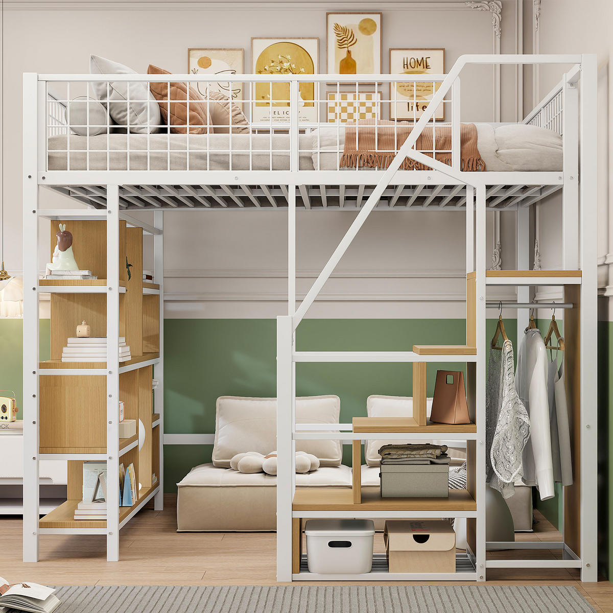 HOCHBETT 140/200 cm weiß Metallbett mit Stauraumtreppe und Ablageflächen - Weiß, Metall (140/200cm) - OKWISH