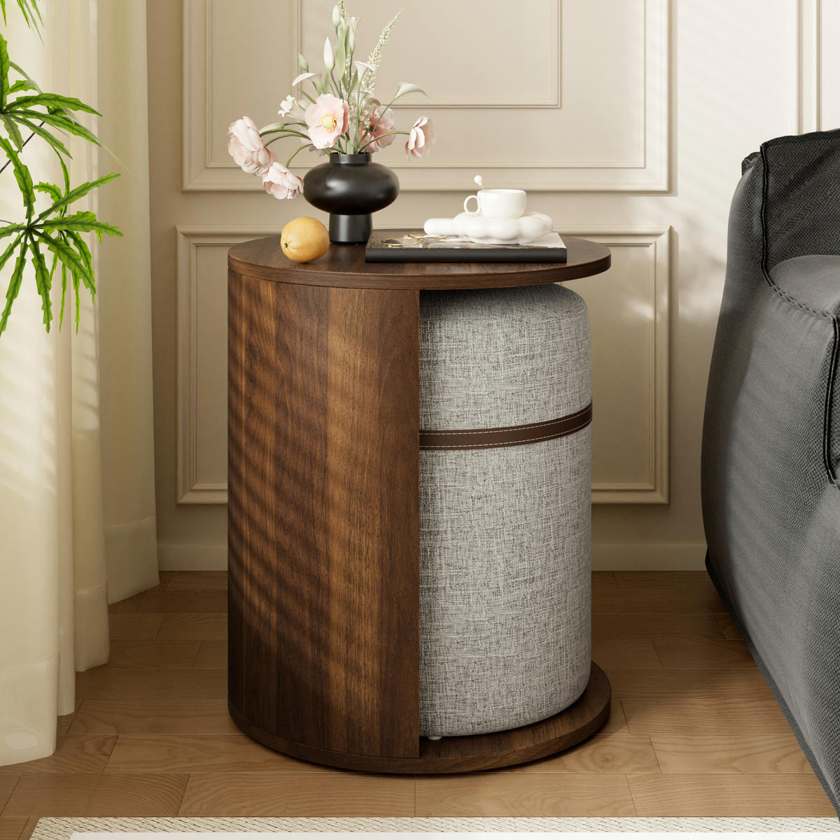 COUCHTISCH SET mit Hocker, rund, MDF mit Stauraum - Walnussfarben, Holzwerkstoff (38/38/47.5cm) - FLIEKS