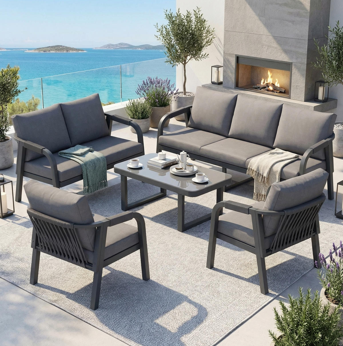 GARTENLOUNGE-SET für 7 Personen mit Glas-Couchtisch und Seilgeflecht, Grau - Grau, Metall - Redom