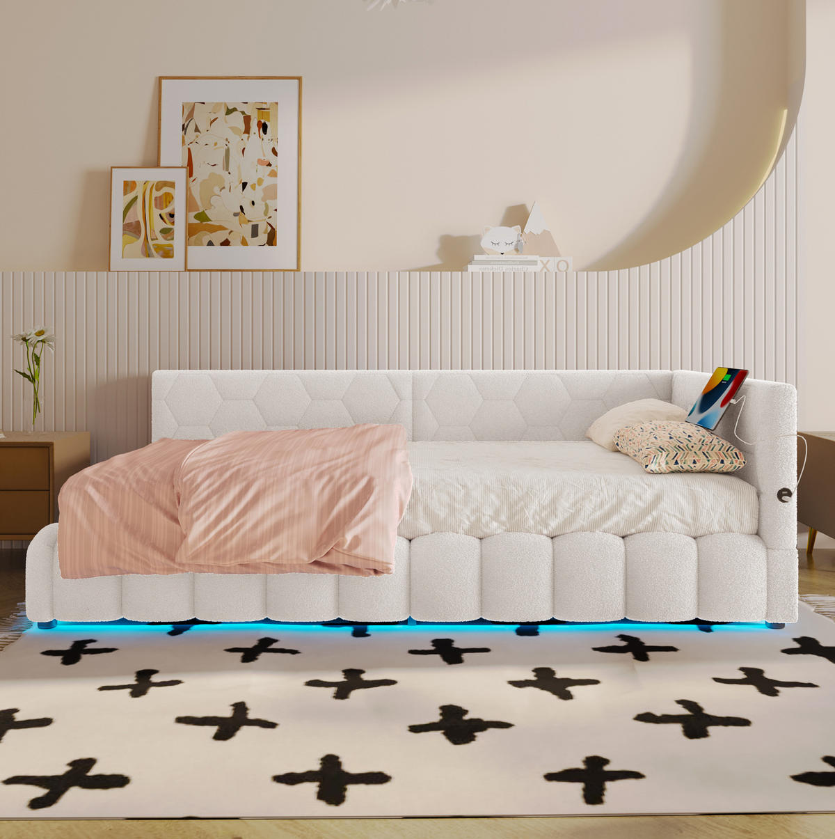 POLSTERBETT mit LED-Beleuchtung 90/200 cm mit Bettkasten & USB/Typ-C - Weiß, Textil (90/200cm) - BEAOK