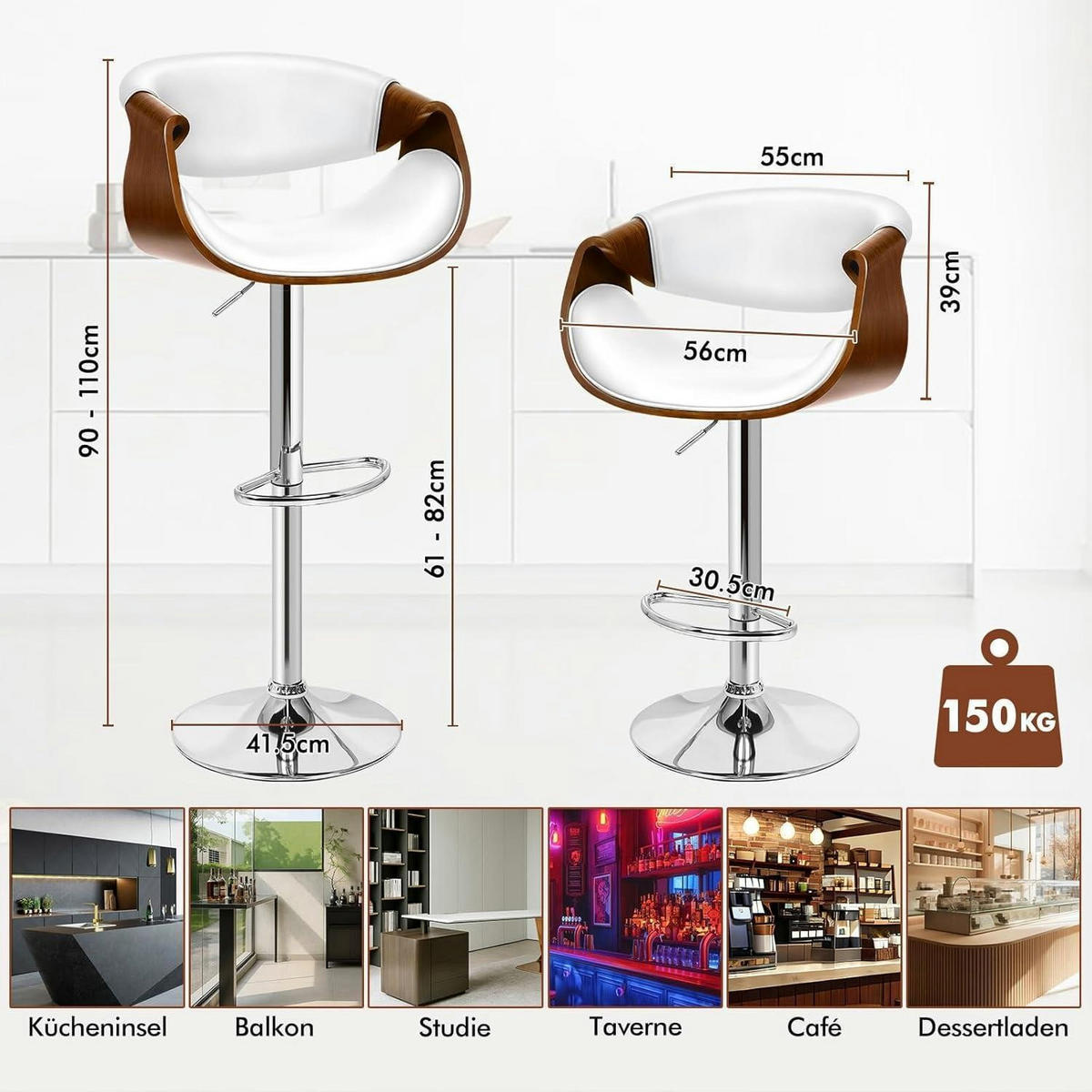BARHOCKER mit Holzrückenlehne Weiß Höhenverstellbar 360° drehbar - Weiß, Kunststoff (40/110/40cm)