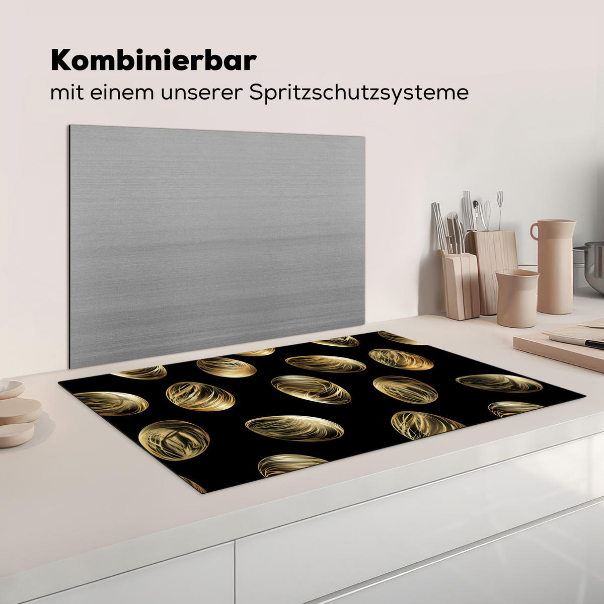 HERDABDECKPLATTE Eier - Gold - Muster Induktionsmatte 83x51 cm - Schwarz, Kunststoff (83/51.5/0.2cm) - MuchoWow