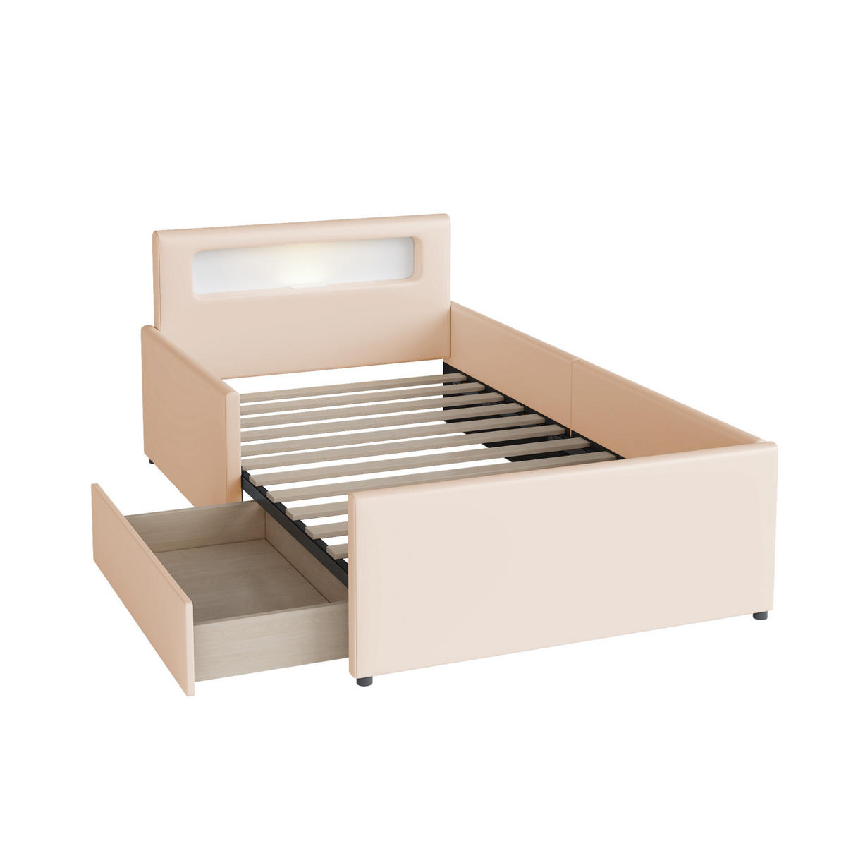 KINDERBETT aus Kunstleder 90x200 cm Beige mit Schubladen, Nachtlicht und USB-Ladeanschluss - Beige, Leder (90/200cm) - IVMEU