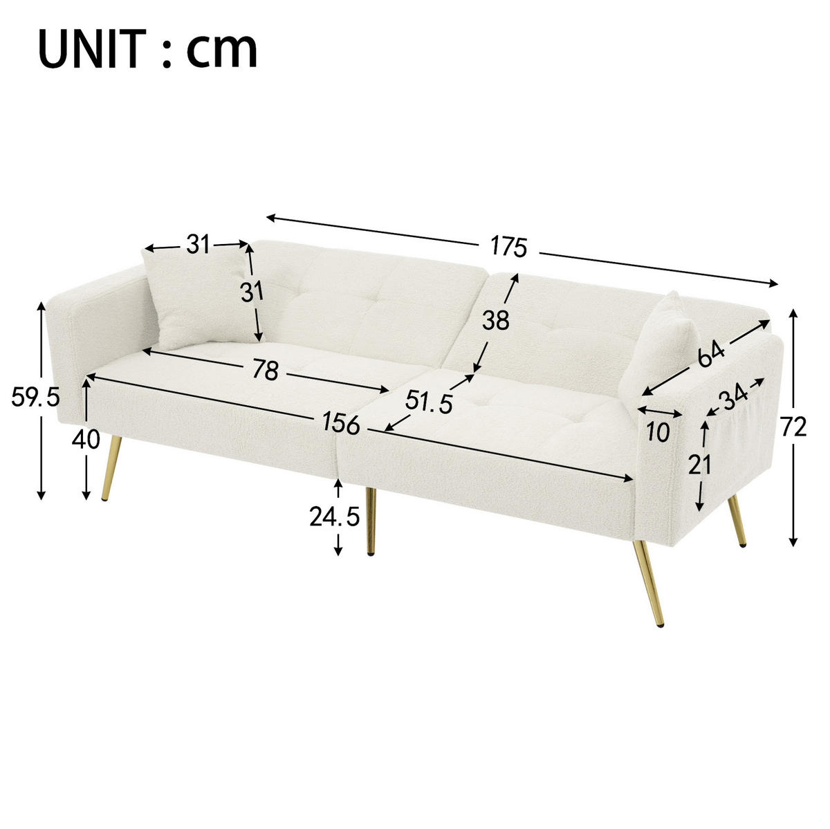 SCHLAFSOFA aus Lammwollstoff 175x64x72 cm Weiß mit Bettfunktion, verstellbarer Rückenlehne und Seitentaschen - Weiß, Kunststoff (175/72/64cm) - Modfu