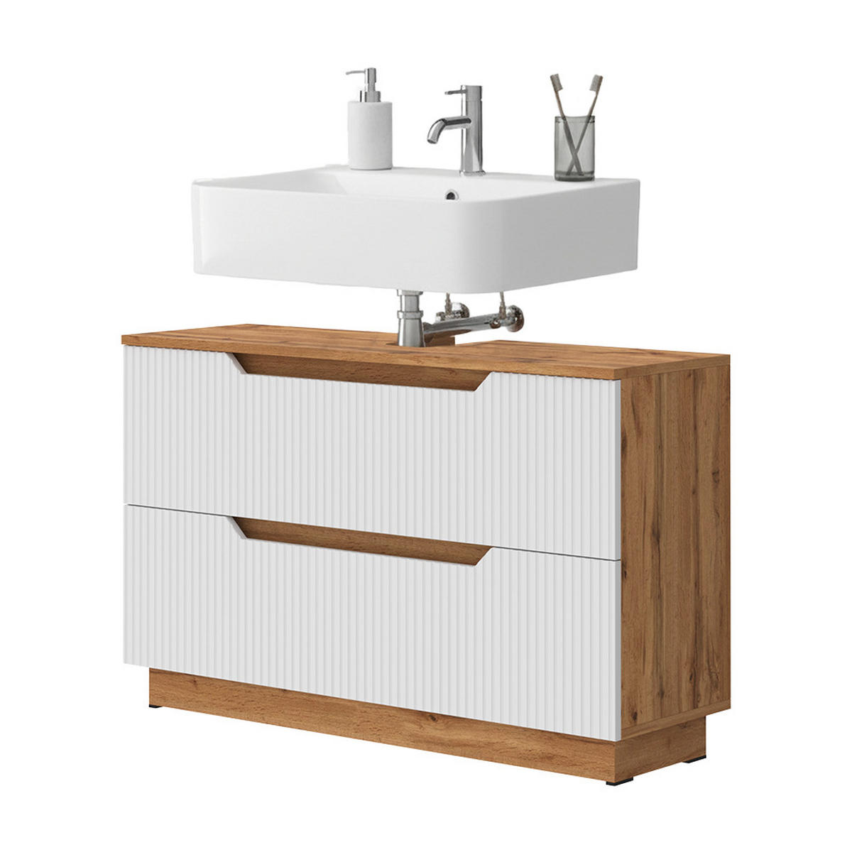 WASCHBECKENUNTERSCHRANK Lotta Eiche/weiß gestreift 99.4 x 62.5 cm mit 2 Schubladen - Eichefarben/Weiß, Holzwerkstoff (99.4/62.5/32cm) - Vicco