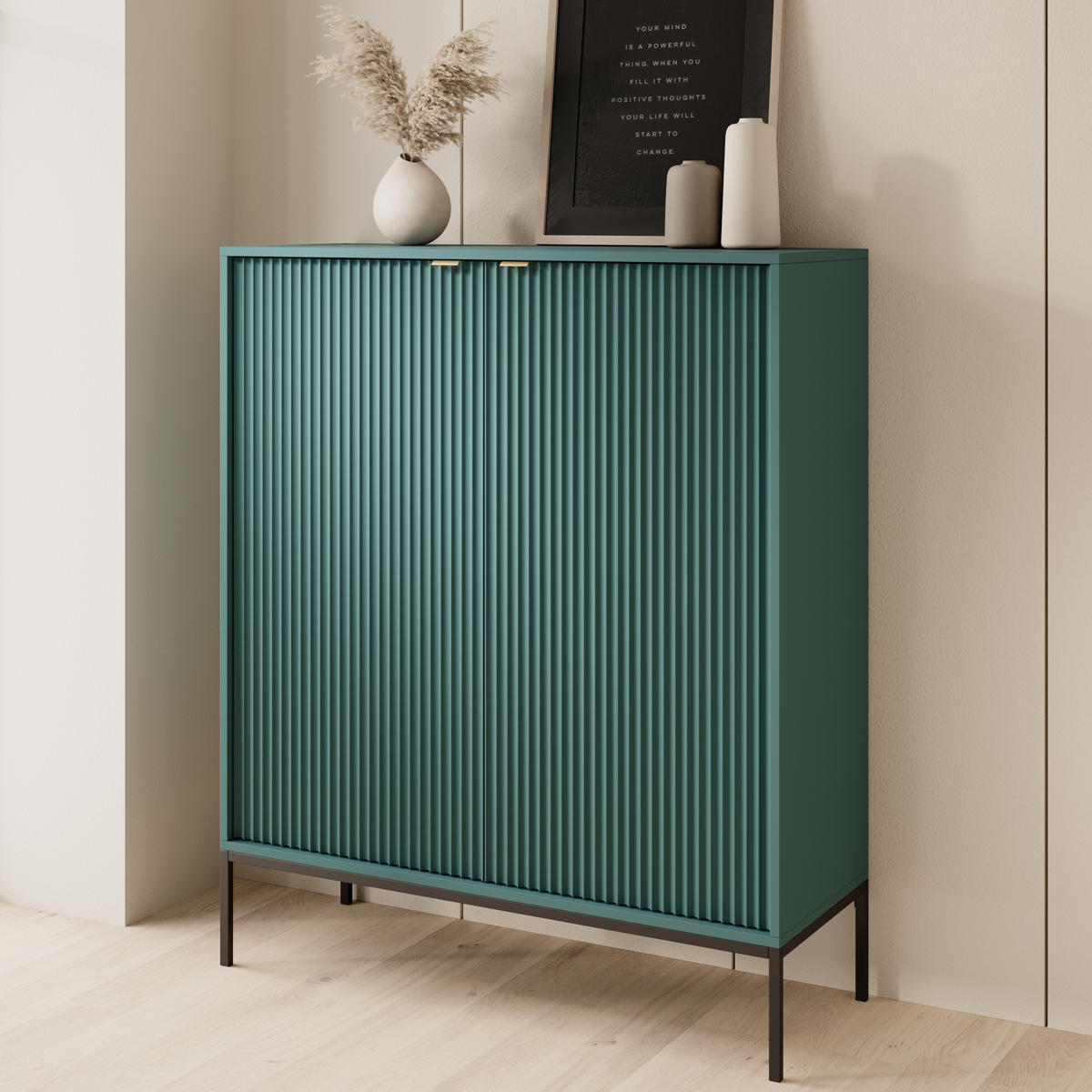 GRÜNE Moderne Geriffelte Hochkommode KIOTO KW2D (Schwarzes Gestell, Soft-Close Türen) - Goldfarben/Schwarz, Holz/Holzwerkstoff (104/125/39cm) - Ravio