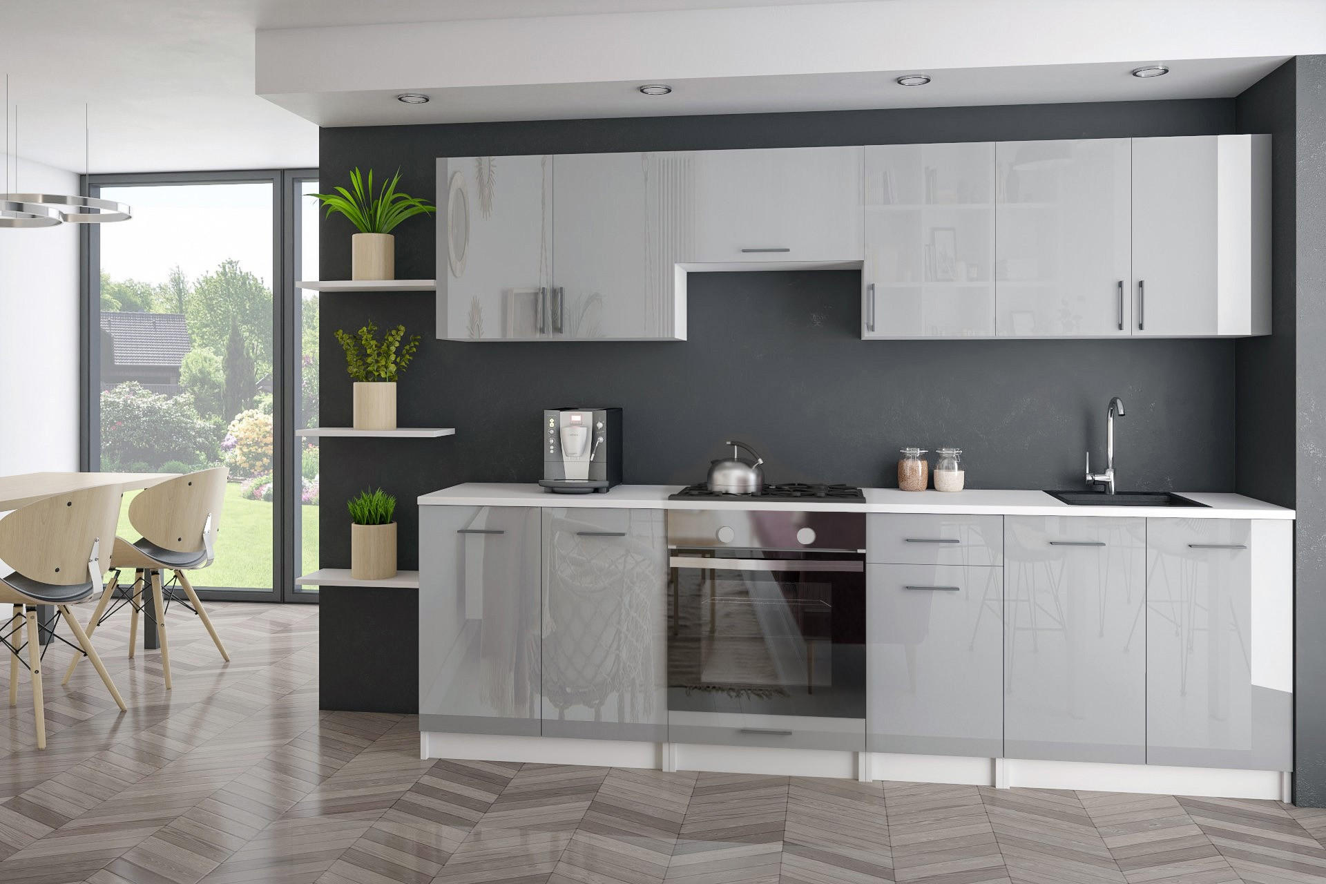 KÜCHENZEILE LECO 240 grau glanz - Grau, Holzwerkstoff (240/82/46cm) - roe furniture