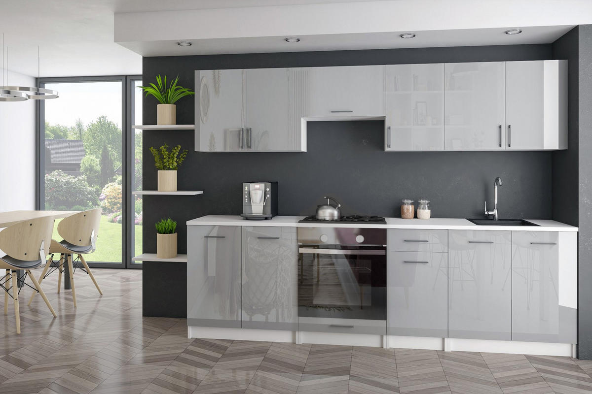 KÜCHENZEILE LECO 240 grau glanz - Grau, Holzwerkstoff (240/82/46cm) - roe furniture