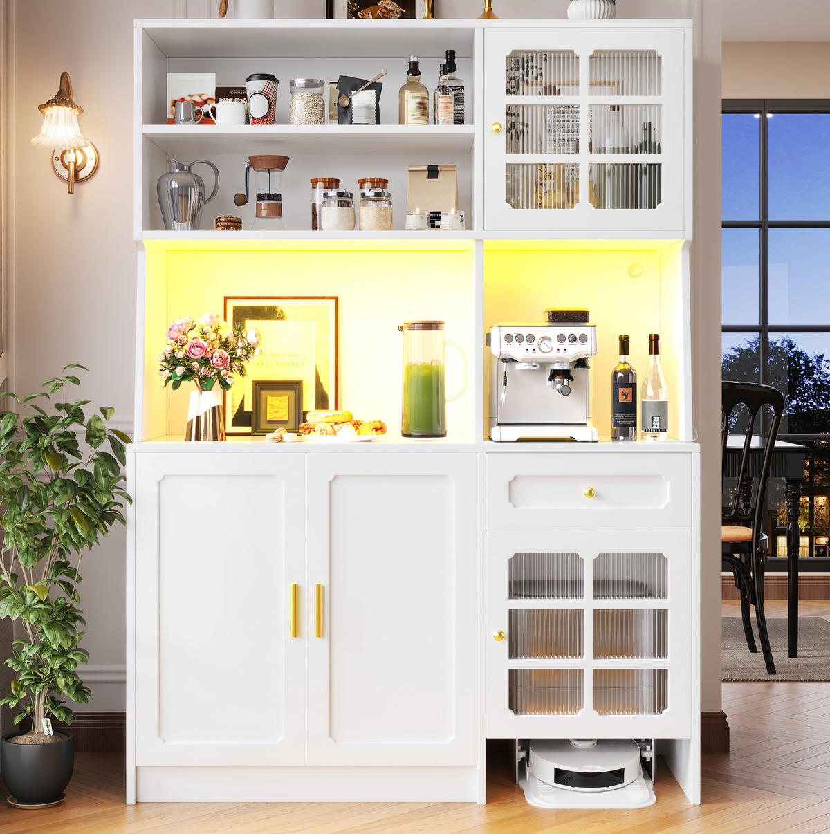 BUFFETSCHRANK 130/45/180 cm aus MDF mit LED-Beleuchtung, Glastüren und Stauraum für Saugroboter, Weiß - Weiß, Holzwerkstoff (130/180/45cm) - Redom