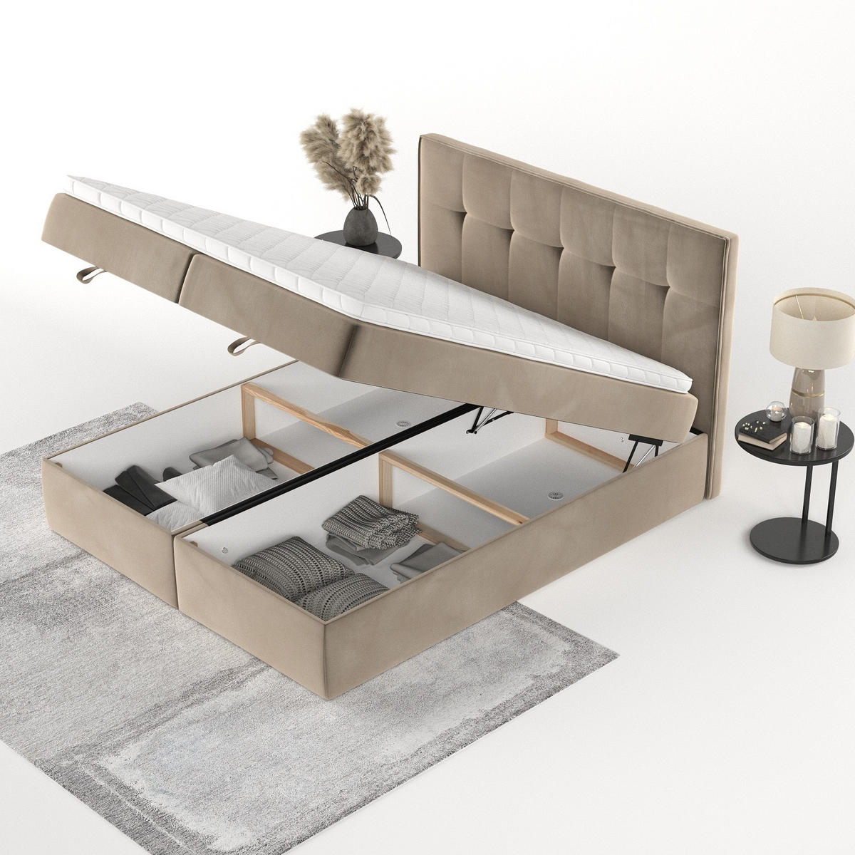 BOXBETT Tivra 200/200 cm Taupe im Paros Stoff - Taupe/Schwarz, Holz/Holzwerkstoff (200/200cm) - AltaBeds