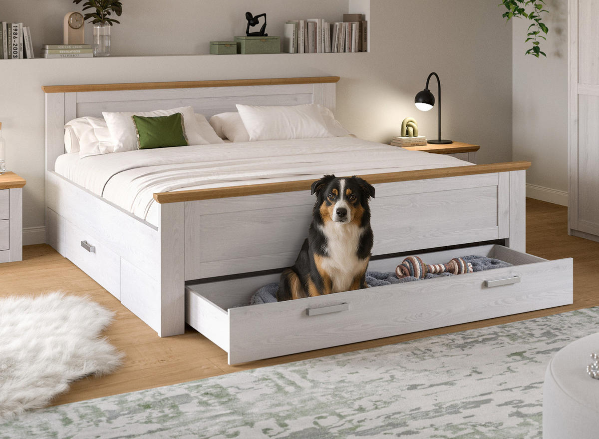 BETT weiß Lärche, Eiche Artisan Landhaus Liegefläche 180 x 200 cm, Doppelbett mit 3 Bettschubkästen - Eichefarben/Weiß, Holzwerkstoff/Metall (180/200cm) - Inn.Furn