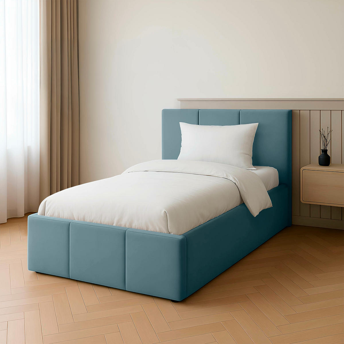 POLSTERBETT für Schlafzimmer Bett mit Stauraum Meerfarbe 90x200cm Kopfteil 110cm - Blau, Holzwerkstoff/Metall (90/200cm) - Muralo