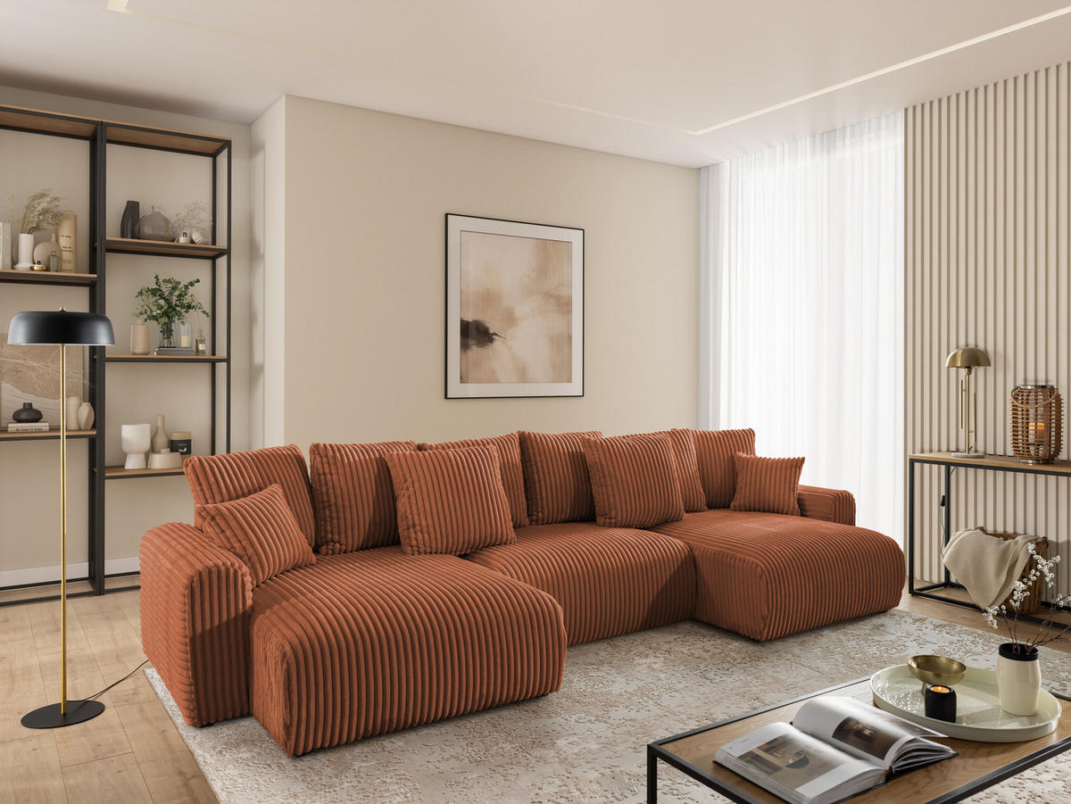 WOHNLANDSCHAFT Calma mit Schlaffunktion und Bettkasten im Bumpy-Design aus weichem Terrakotta Plüschcord - Beige/Terracotta, Holz/Textil (336/88/140cm) - S-Style