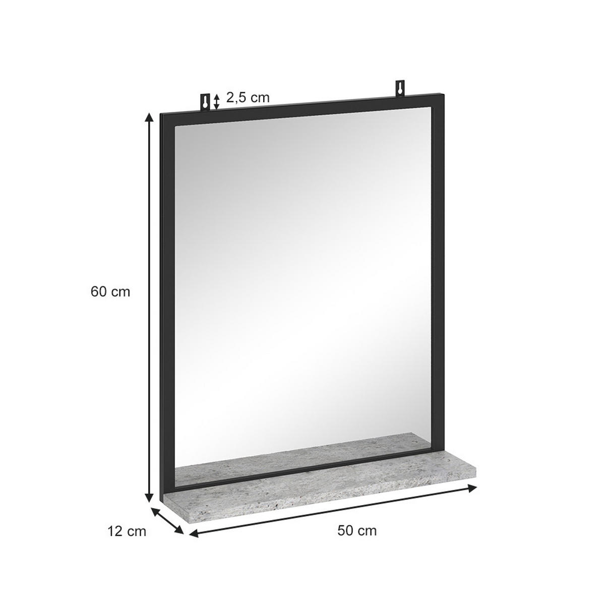 BADEZIMMERSPIEGEL Fyrk Beton 50 x 60 cm - Schieferfarben/Schwarz, Glas (50/60/12cm) - Vicco