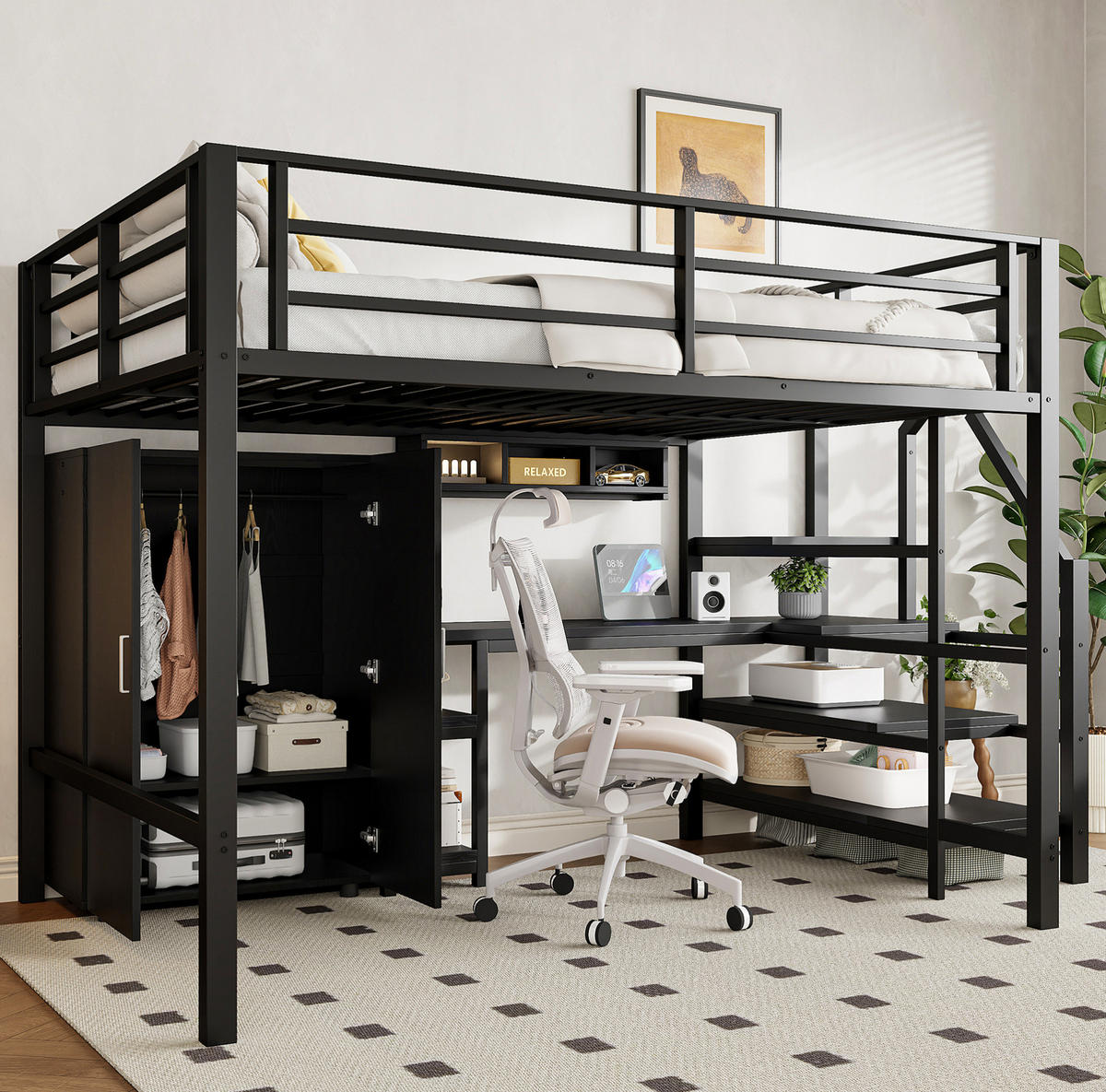 HOCHBETT 140/200 cm mit Kleiderschrank und Schreibtisch, Schwarz - Schwarz, Metall (140/200cm) - Flora Grace