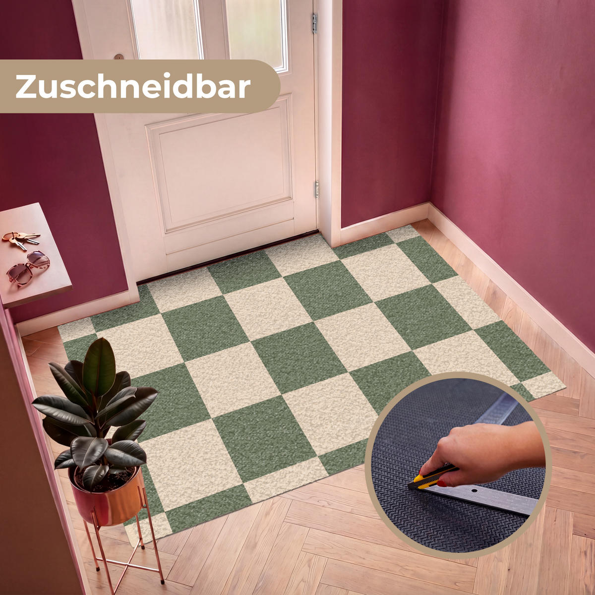 FUSSMATTE Schachbrettmuster - Grün - Beige - Blöcke Flurteppich 180x120 cm - Olivgrün, Kunststoff (180/120cm) - MuchoWow