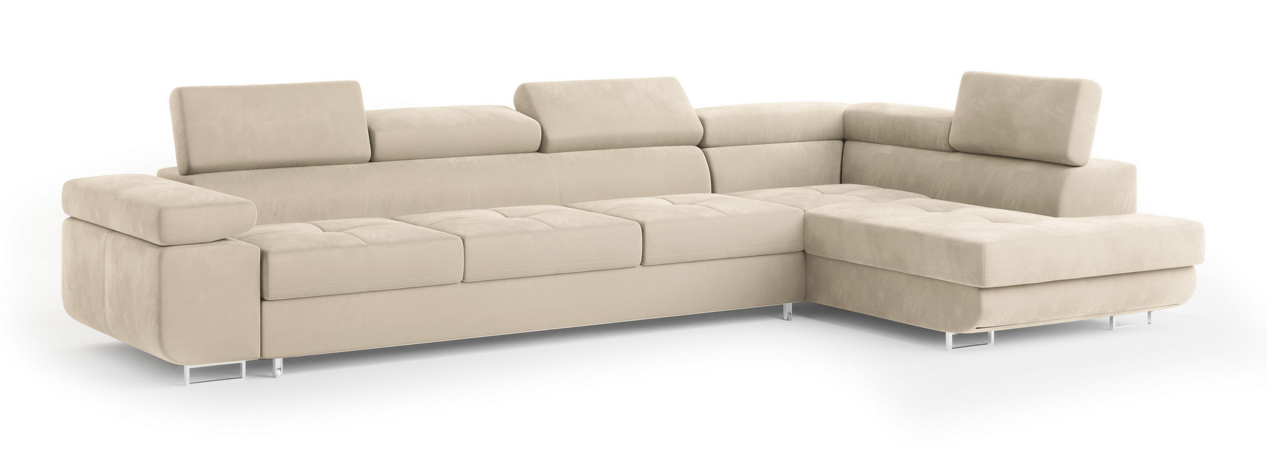 ECKSOFA VICENTE Creme Velours-Stoff mit Schlaffunktion - Creme, Holz (346/202cm) - MASSENO