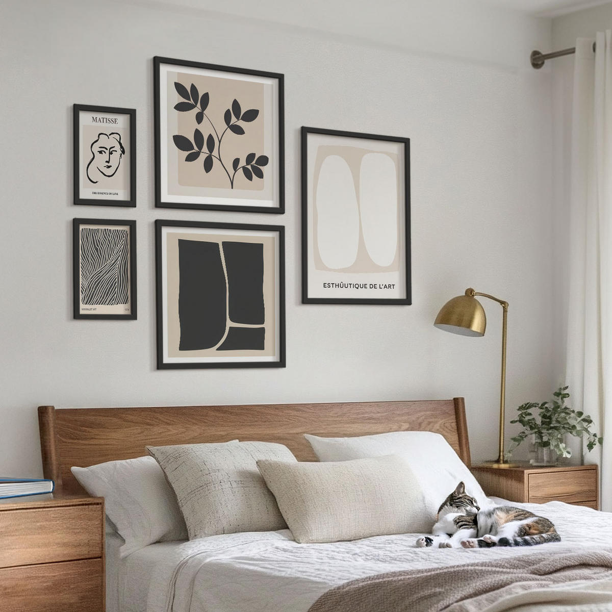 WANDBILDER 5er-Set - 50x50 cm & 20x30 cm & 40x60 cm Schwarzer Rahmen - Minimalistische Pflanzenmuster - Schwarz, Kunststoff (40/60cm) - ArtPrintCave
