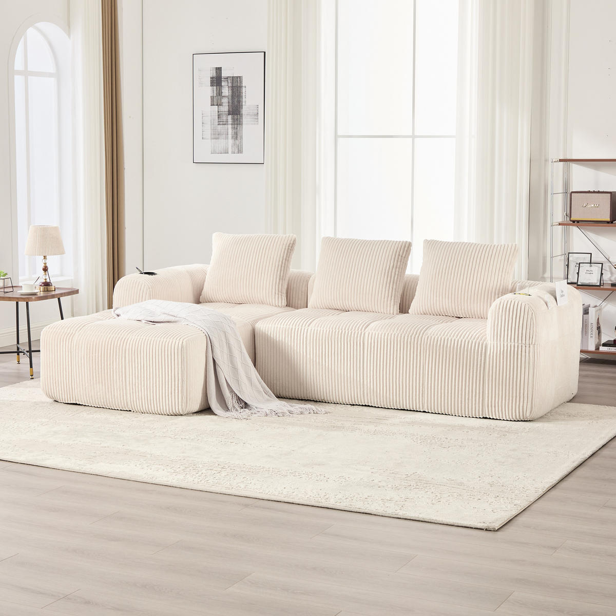 ECKSOFA aus Cord 253x158x61 cm in Beige mit Seitenfächern & Becherhaltern - Beige, Textil (158/253cm) - Modfu