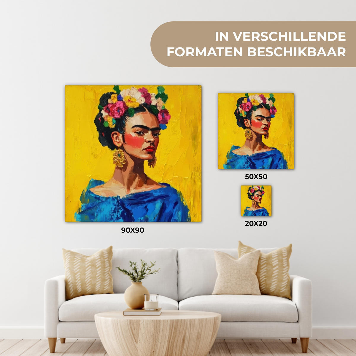 LEINWANDBILD Frida Kahlo - Frau - Gelb - Blau - Blumen Deko Groß 90x90 cm - Gelb, Textil (90/90cm) - MuchoWow