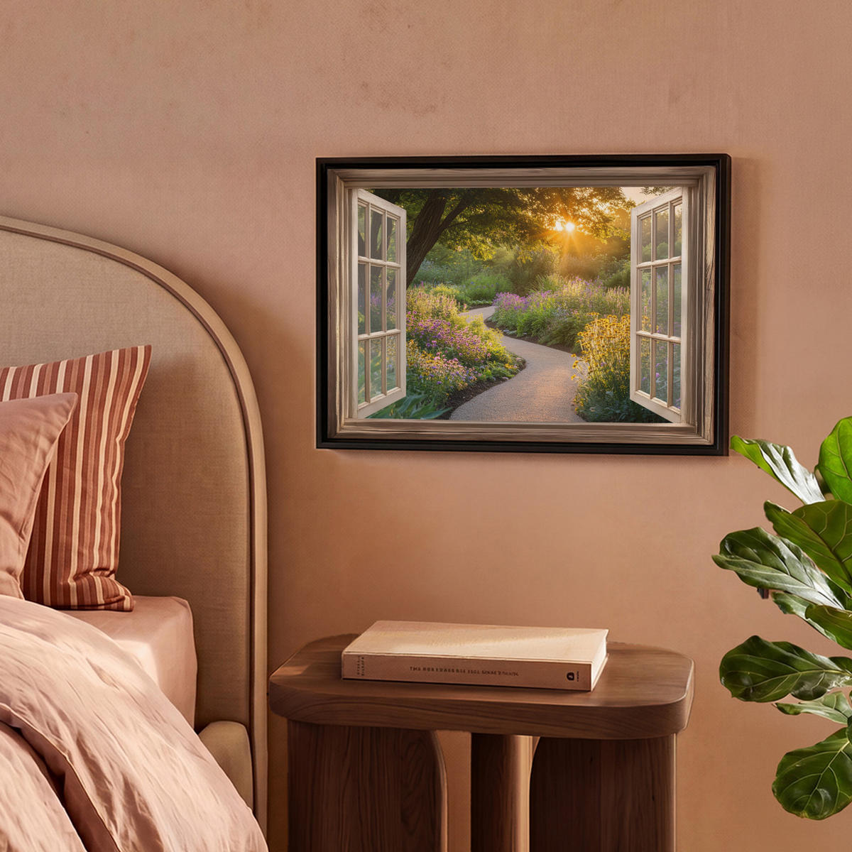 LEINWAND Bilder mit Rahmen - Aussicht - Blumen - Natur - Sonne - Weg - 40x30 - Hellgelb, Textil (40/30cm) - MuchoWow